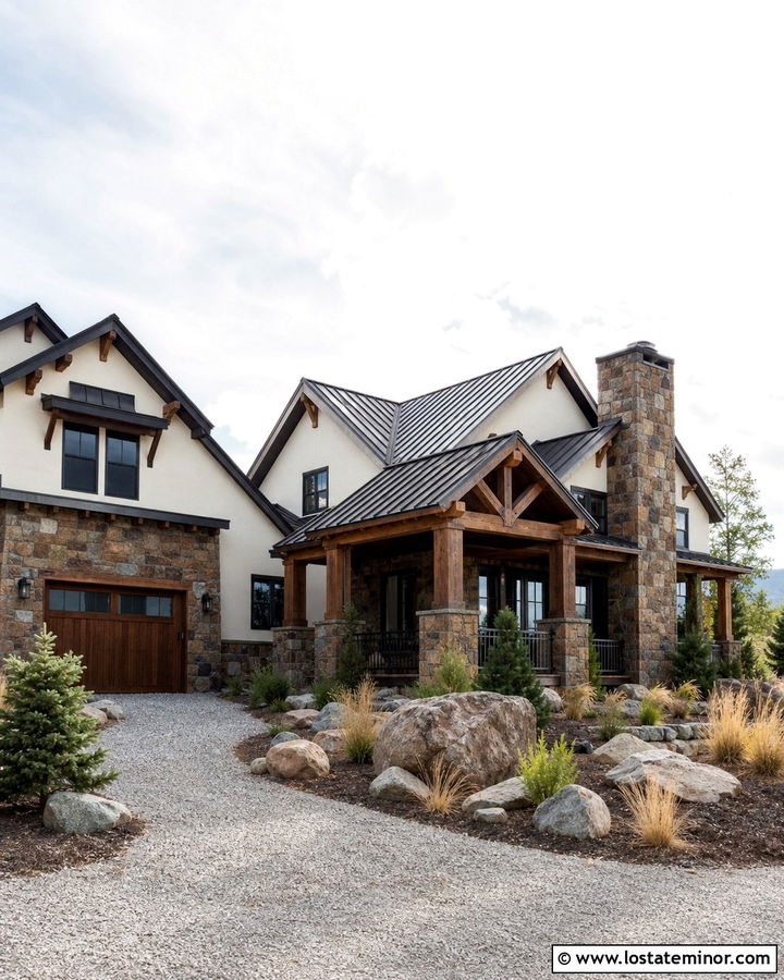 Off White Mountain House With Rustic Stone - 30 Off White House Design With Stone Accents Ideas
