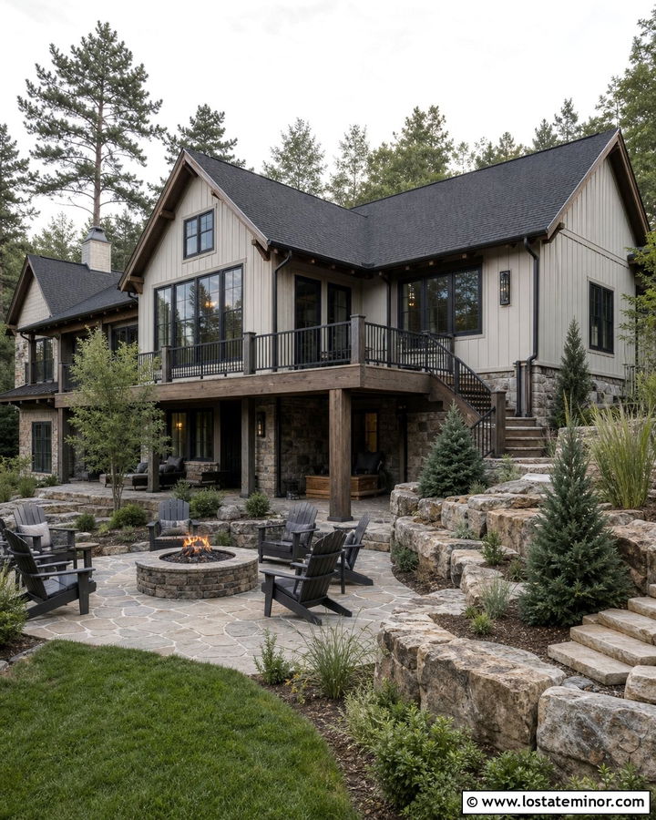 Off White Mountain House With Stone Backyard Walls - 30 Off White House Design With Backyard Ideas