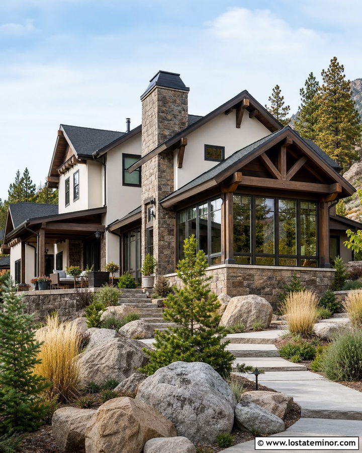 Off White Mountain House With Stone Sunroom - 30 Off White House Design With Sunroom Ideas