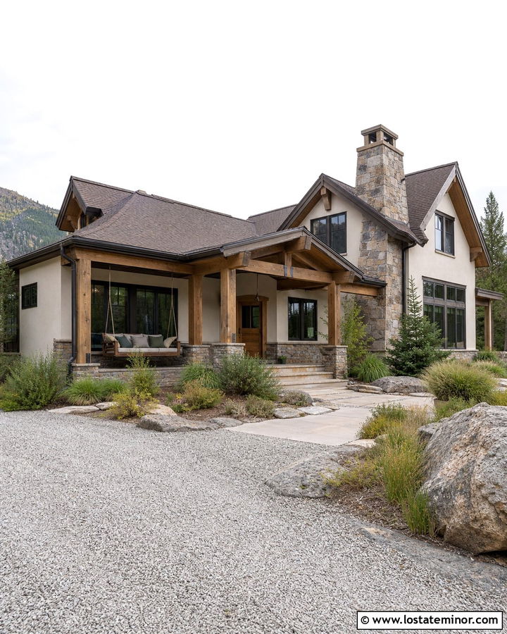 Off White Mountain House With Timber Swing - 30 Off White House Design With Swing Ideas