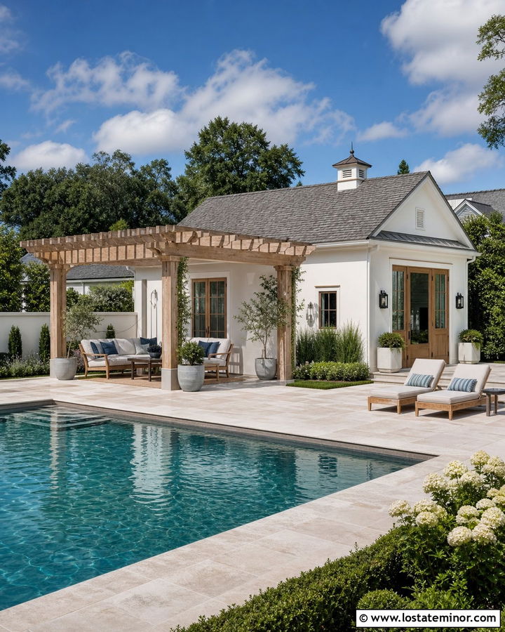 Off White Pool House With Freestanding Pergola - 30 Off White House Design With Pergola Ideas