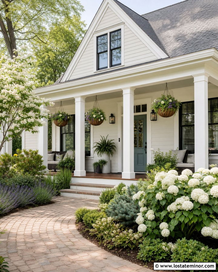Off White Porch House With Cottage Landscaping - 30 Off White House Design With Landscaping Ideas