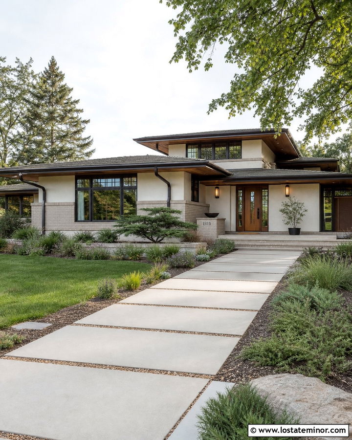 Off White Prairie House With Linear Walkway - 30 Off White House Design With Walkway Ideas