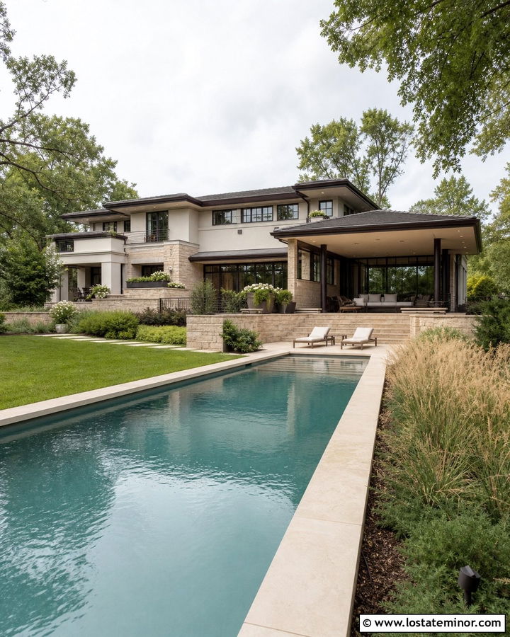 Off White Prairie House With Long Pool - 30 Off White House Design With Swimming Pool Ideas