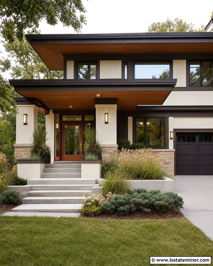 Off White Prairie House With Walnut Porch Ceiling - 30 Off White House Design With Porch Ceiling Ideas
