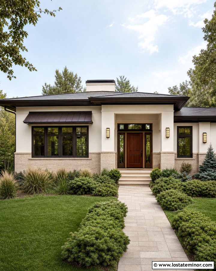 Off White Prairie House With Wide Awning - 30 Off White House Design With Awning Ideas