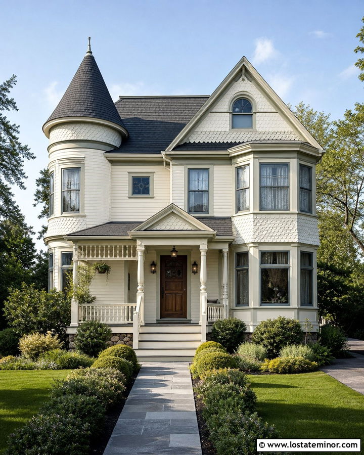 Off White Queen Anne House With Scalloped Shingles - 30 Off White House Design With Shingles Ideas