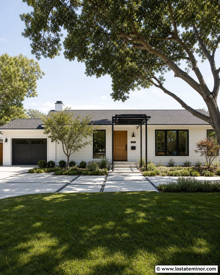 Off White Ranch House With Black Pergola - 30 Off White House Design With Pergola Ideas