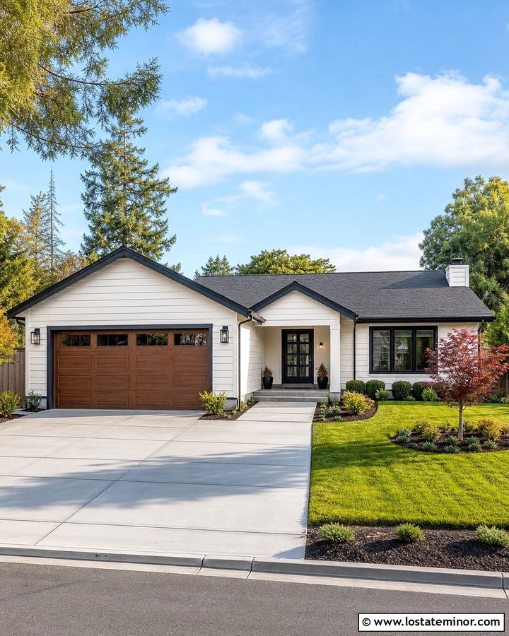Off White Ranch House With Concrete Driveway - 30 Off White House Design With Driveway Ideas