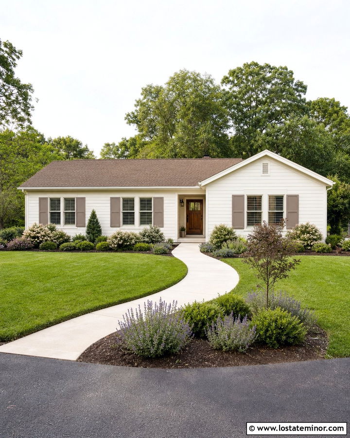 Off White Ranch House With Curved Garden Beds - 30 Off White House Design With Landscaping Ideas