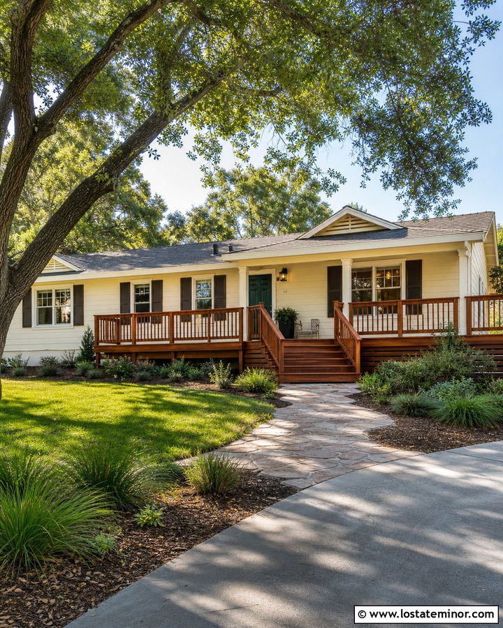 Off White Ranch House With Redwood Deck - 30 Off White House Design With Deck Ideas