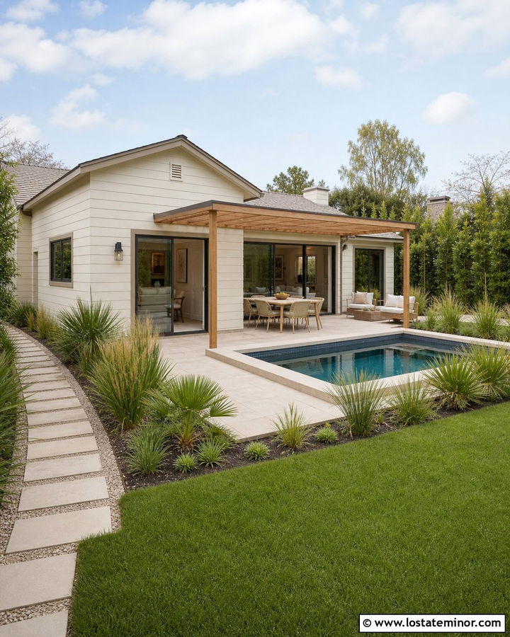 Off White Ranch House With Small Backyard Pool - 30 Off White House Design With Swimming Pool Ideas