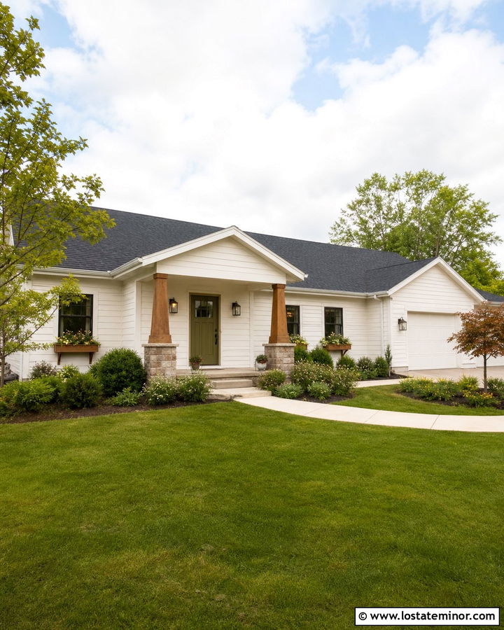 Off White Ranch House With Wide Portico - 30 Off White House Design With Portico Ideas