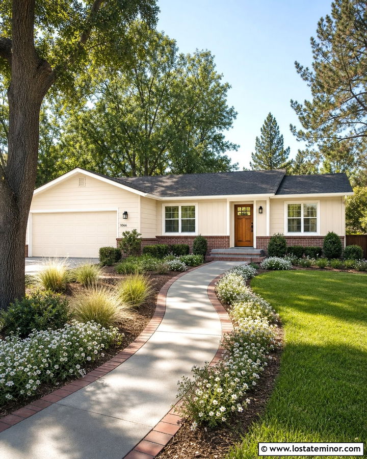 Off White Ranch With Brick Border Walkway - 30 Off White House Design With Walkway Ideas