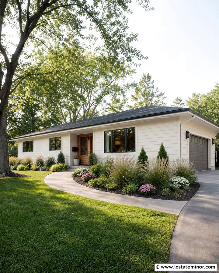 Off White Ranch With Curved Concrete Walkway - 30 Off White House Design With Walkway Ideas