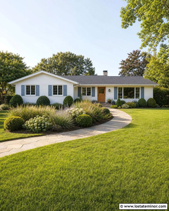 Off White Ranch With Curved Garden Beds - 30 Off White House Design With Front Yard Ideas