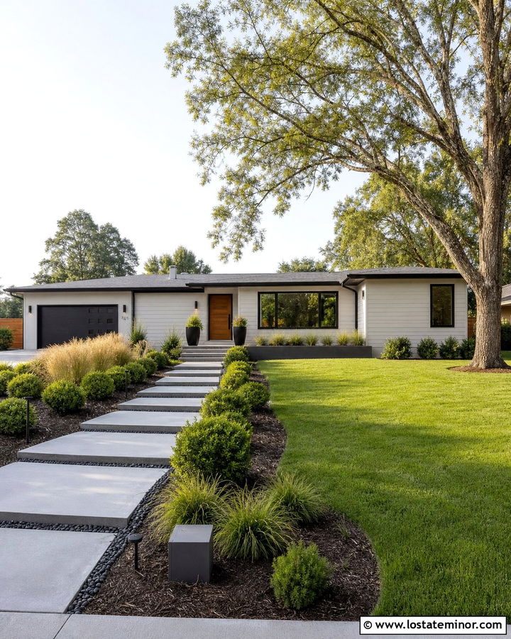Off White Ranch With Floating Concrete Steps - 30 Off White House Design With Steps Ideas