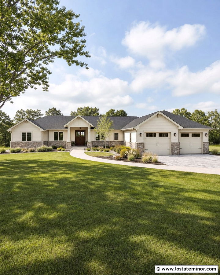 Off White Ranch With Stone Wainscoting - 30 Off White House Design With Stone Accents Ideas
