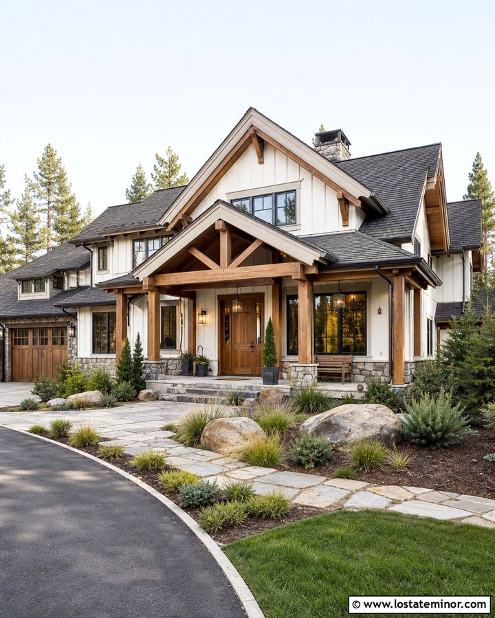 Off White Rustic House With Timber Front Porch - 30 Off White House Design With Front Porch Ideas