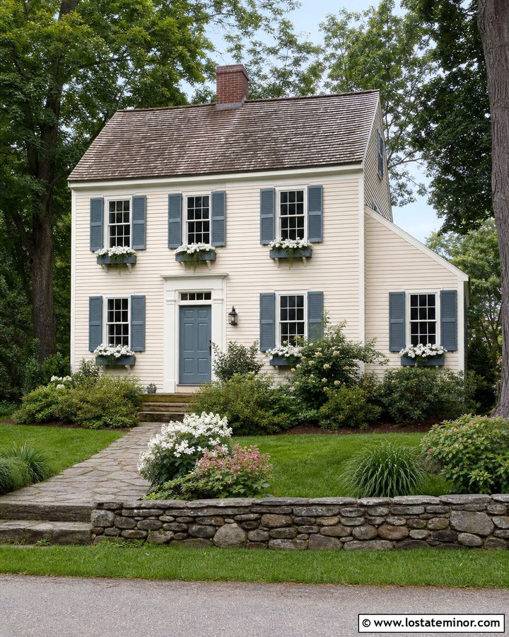 Off White Saltbox House With Blue Gray Window Boxes - 30 Off White House Design With Window Boxes Ideas