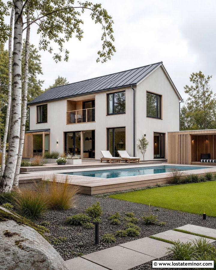 Off White Scandinavian House With Compact Pool - 30 Off White House Design With Swimming Pool Ideas