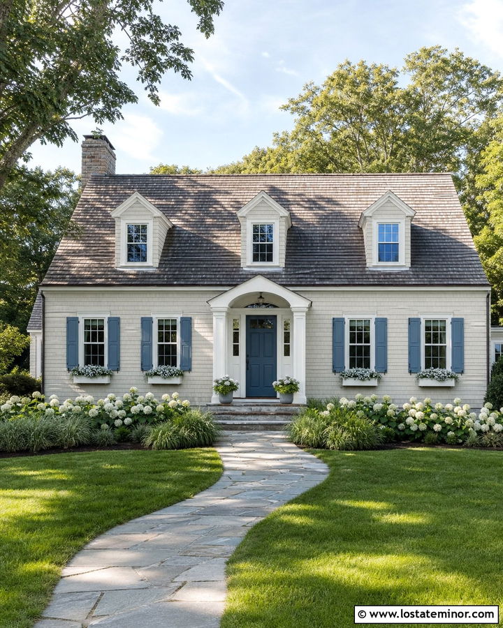 Off White Shake Siding With Blue Shutters - 30 Off White House Design With Siding Ideas