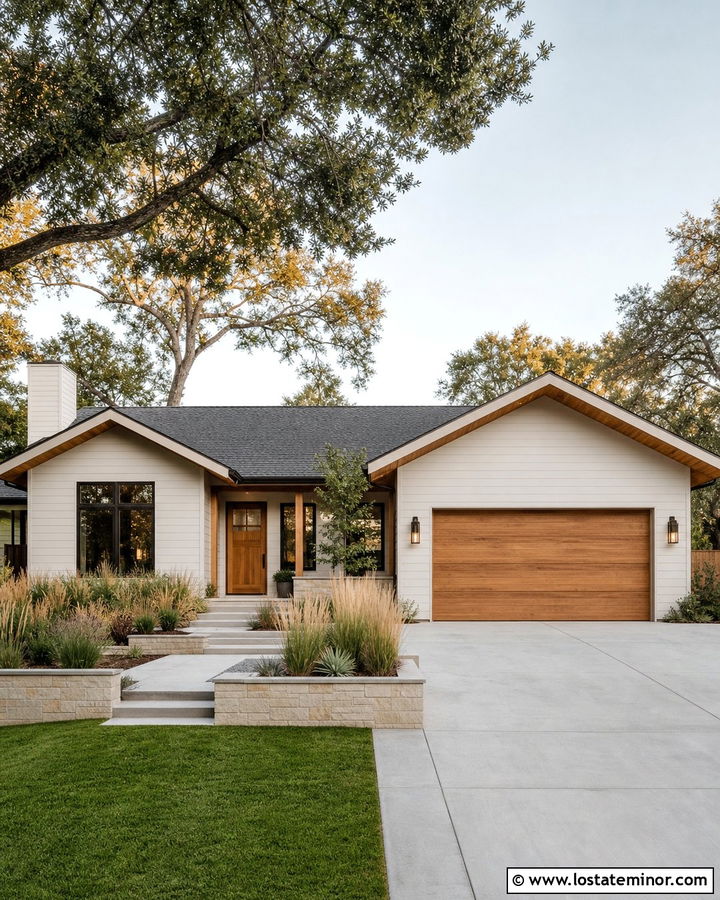 Off White Siding With A Cedar Garage Door - 30 Off White House Design With Siding Ideas