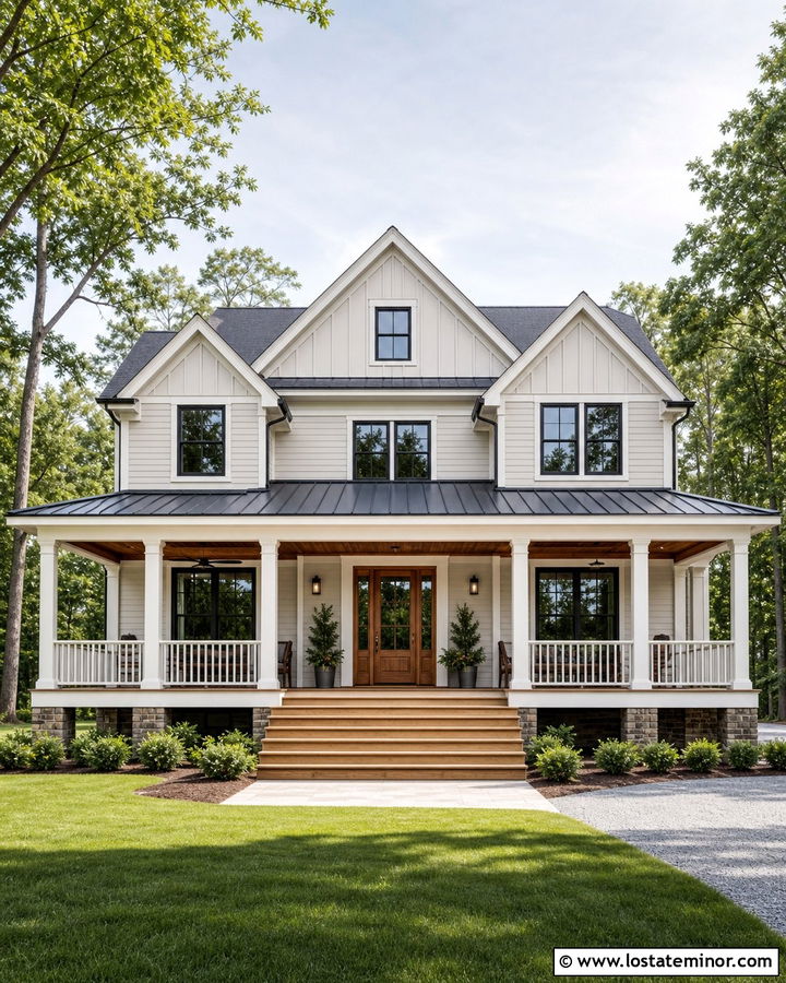 Off White Siding With A Covered Porch - 30 Off White House Design With Siding Ideas