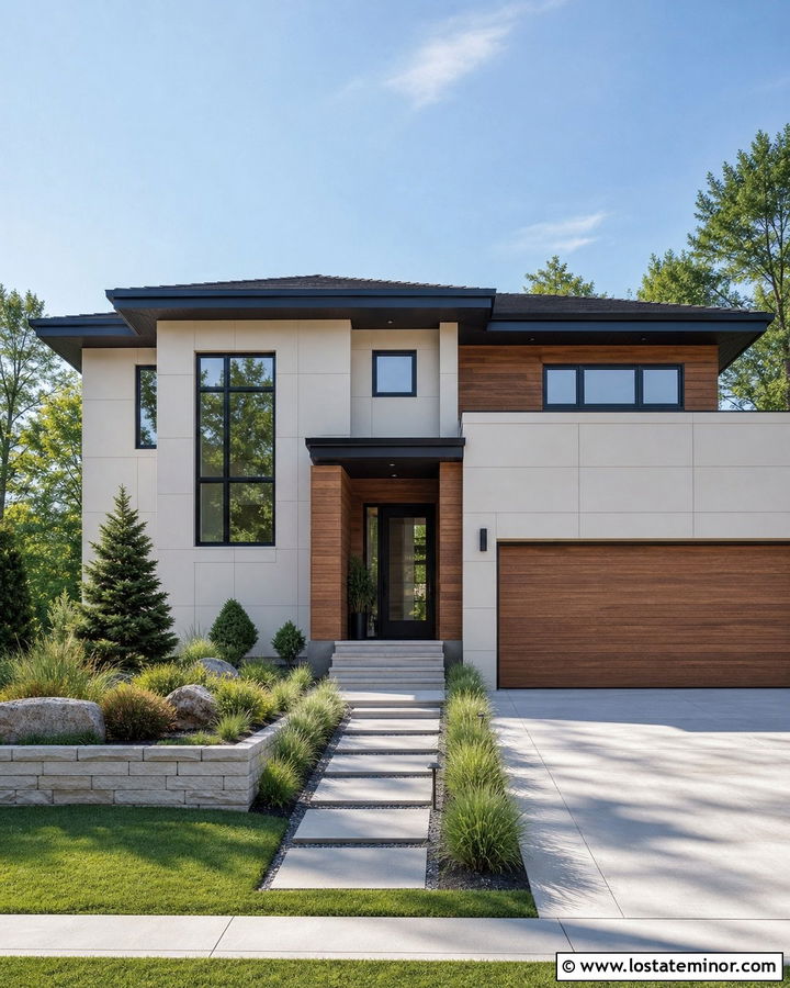 Off White Siding With Mixed Wood Cladding - 30 Off White House Design With Siding Ideas