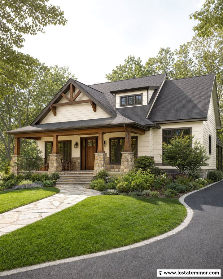 Off White Siding With Natural Stone Columns - 30 Off White House Design With Siding Ideas