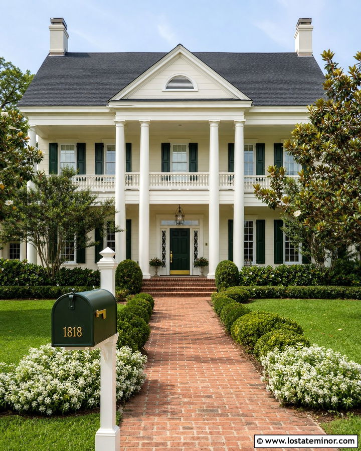 Off White Southern Colonial With Green Mailbox - 30 Off White House Design With Mailbox Ideas
