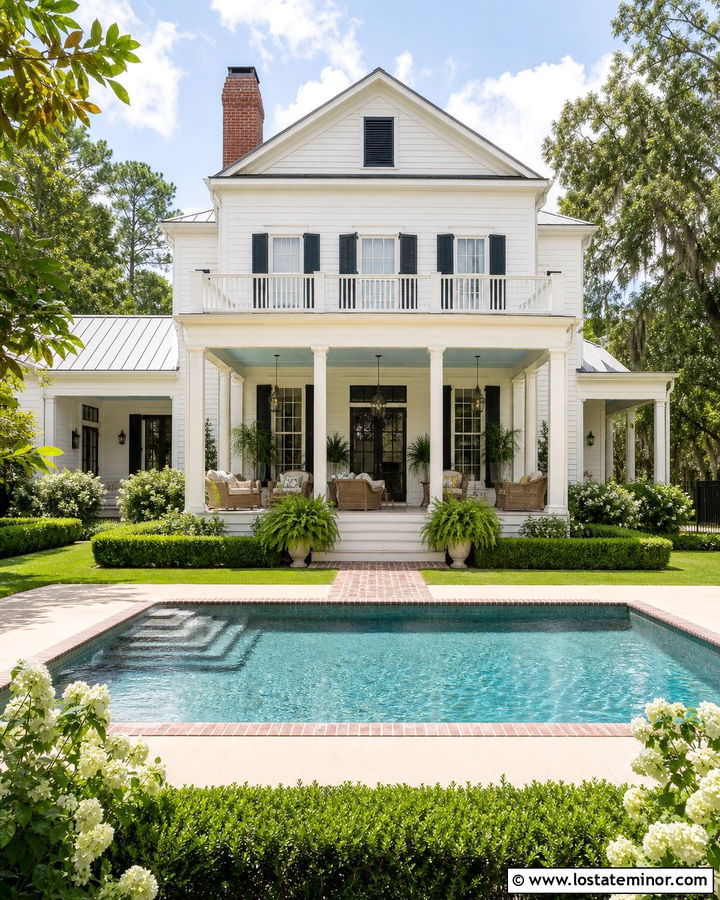 Off White Southern House With Covered Pool Porch - 30 Off White House Design With Swimming Pool Ideas