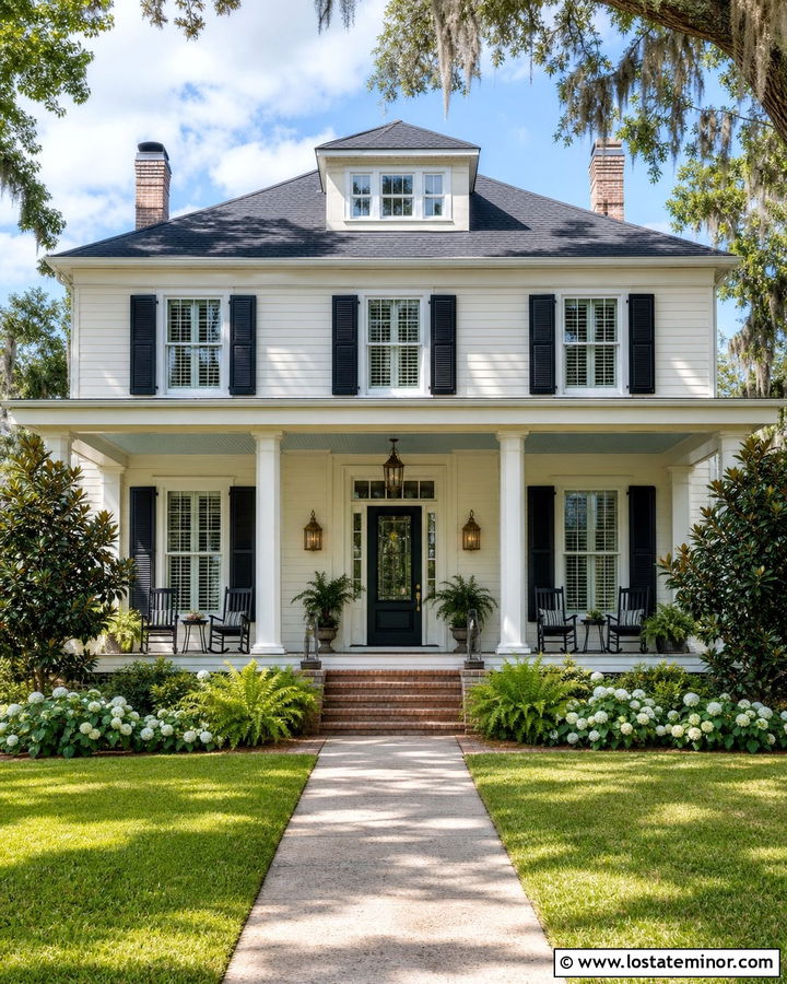 Off White Southern House With Full Front Porch - 30 Off White House Design With Front Porch Ideas