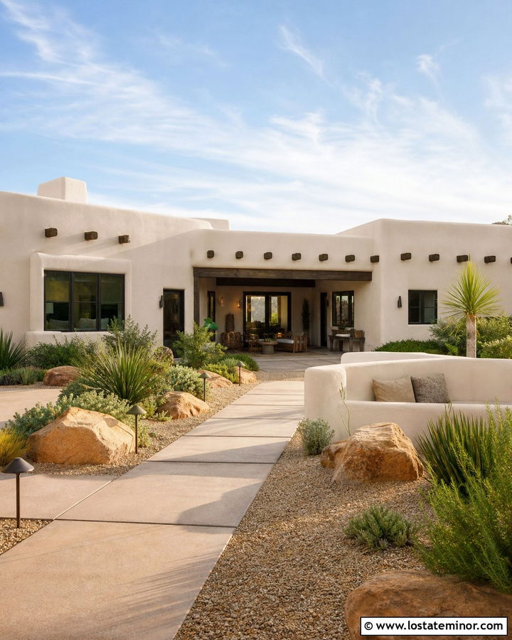 Off White Southwest House With Xeriscape Backyard - 30 Off White House Design With Backyard Ideas