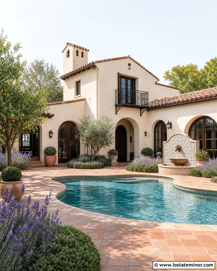 Off White Spanish House With Terracotta Pool Deck - 30 Off White House Design With Swimming Pool Ideas