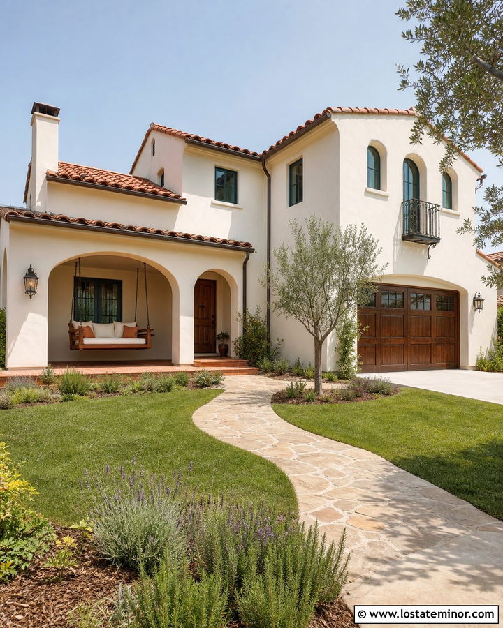 Off White Spanish House With Wood Swing - 30 Off White House Design With Swing Ideas