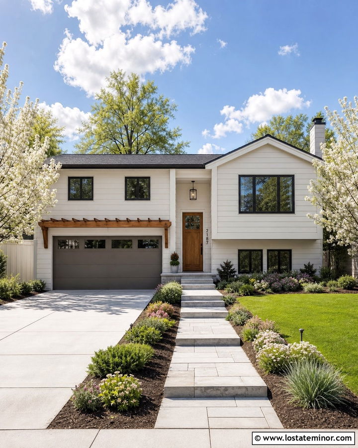 Off White Split Level House With Garage Pergola - 30 Off White House Design With Pergola Ideas