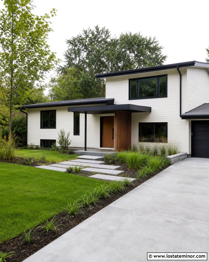 Off White Split Level House With Modern Portico - 30 Off White House Design With Portico Ideas