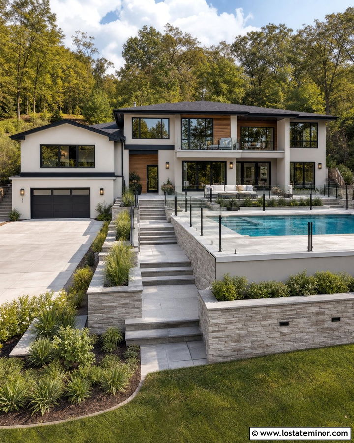 Off White Split Level House With Raised Pool Deck - 30 Off White House Design With Swimming Pool Ideas
