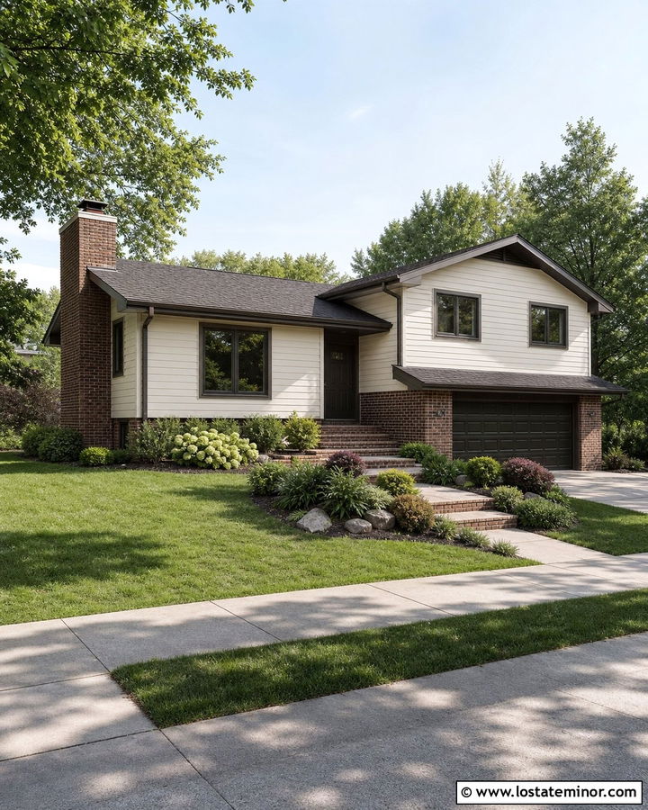 Off White Split Level With Brick Chimney - 30 Off White House Design With Chimney Ideas