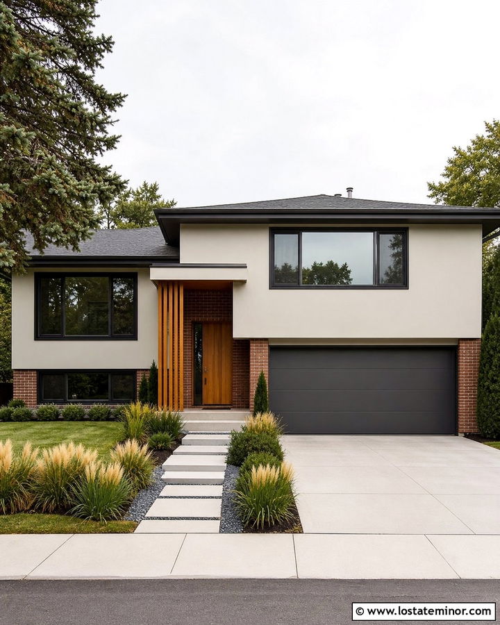 Off White Split Level With Brick Entry - 30 Off White House Design With Brick Accents Ideas