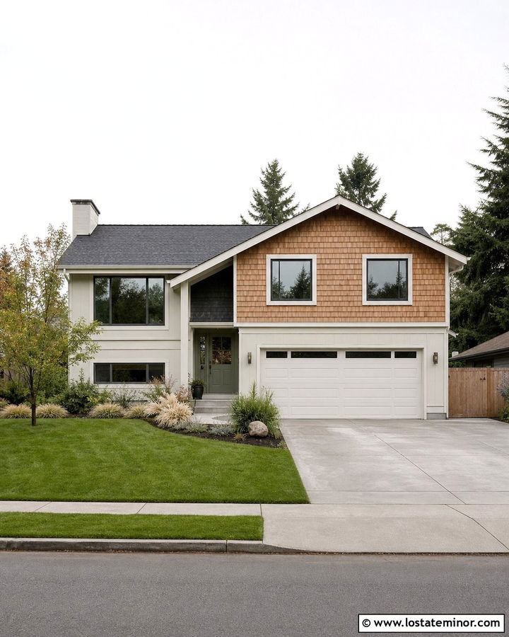 Off White Split Level With Cedar Shake Upper Facade - 30 Off White House Design With Cedar Shake Ideas