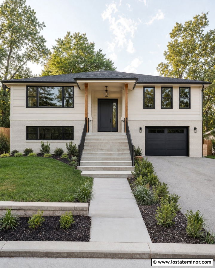 Off White Split Level With Modern Front Porch - 30 Off White House Design With Front Porch Ideas