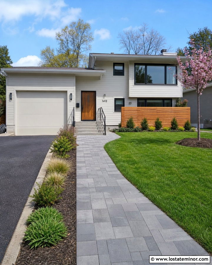 Off White Split Level With Paver Walkway - 30 Off White House Design With Walkway Ideas