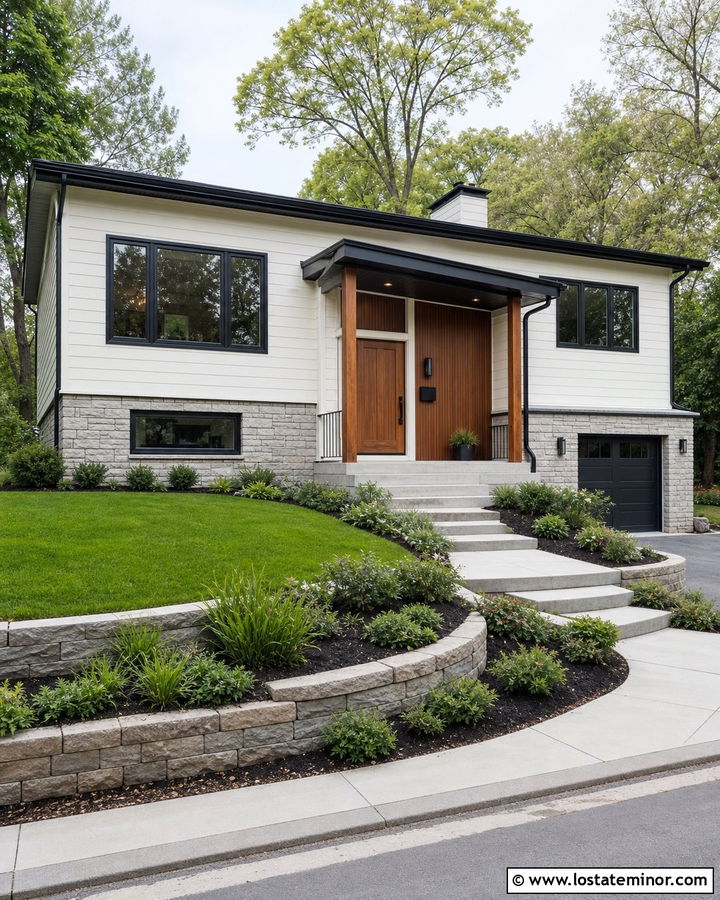 Off White Split Level With Porch Columns - 30 Off White House Design With Porch Columns Ideas