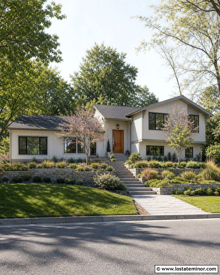 Off White Split Level With Sloped Front Yard - 30 Off White House Design With Front Yard Ideas