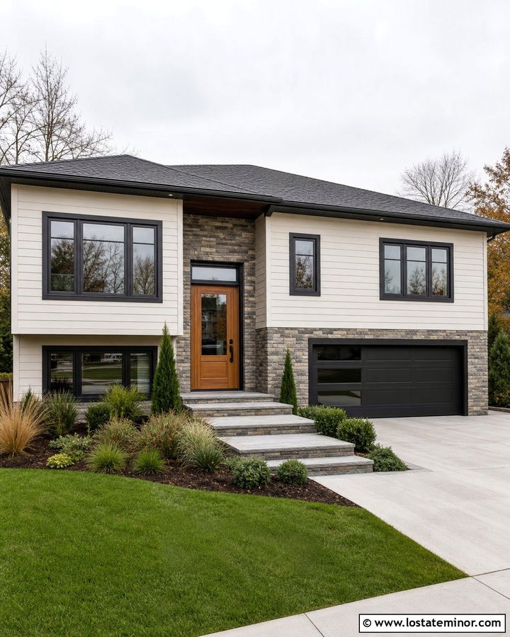 Off White Split Level With Stone Entry - 30 Off White House Design With Stone Accents Ideas