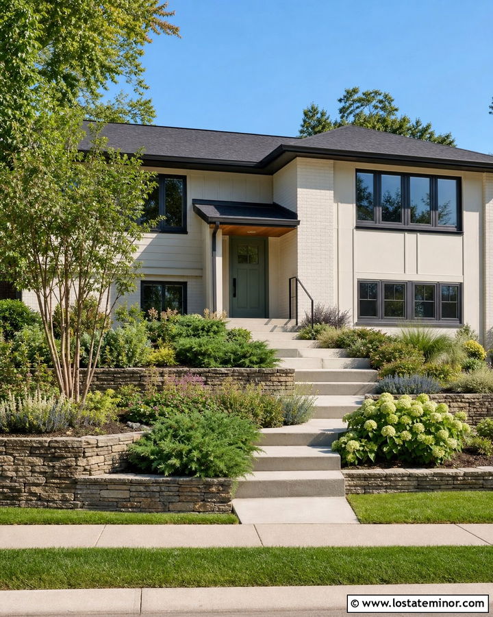 Off White Split Level With Tiered Landscaping - 30 Off White House Design With Landscaping Ideas