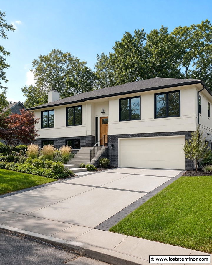 Off White Split Level With Wide Concrete Driveway - 30 Off White House Design With Driveway Ideas