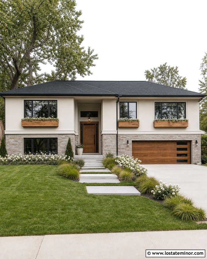 Off White Split Level With Wood Window Boxes - 30 Off White House Design With Window Boxes Ideas